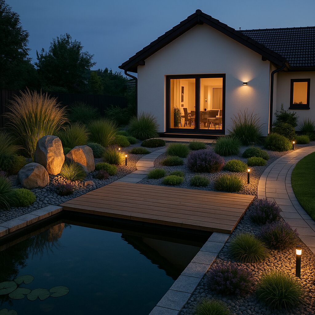 Záhradné jazierko ako dizajnový prvok: ako ho zladiť s terasou, kameňom, zeleňou a osvetlením